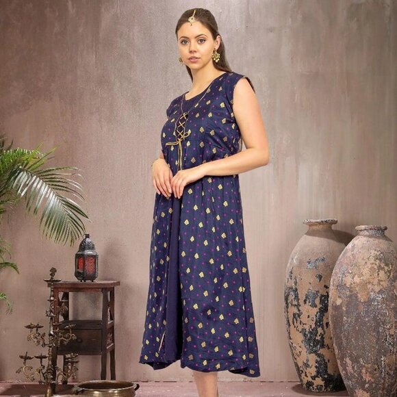 Buy EthnoChic Midnight Blue Silk Dress Online | Muvvas Boutique - Picture 4 of 5